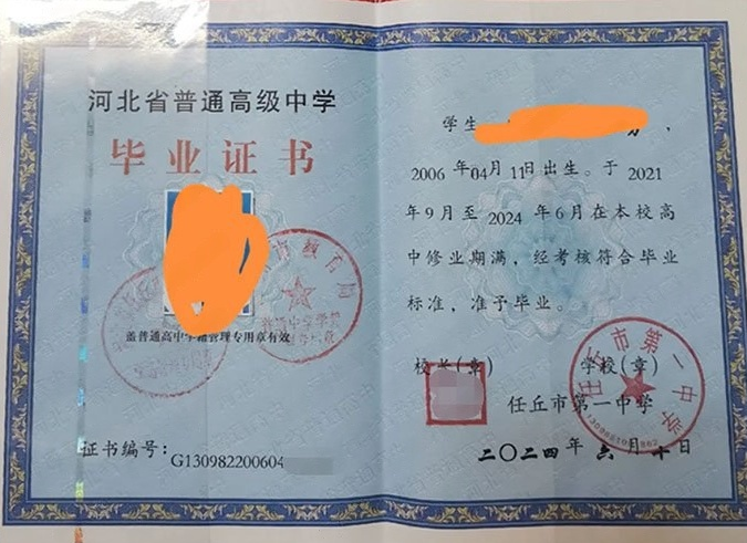 温宿任丘市第一中学高中毕业证样本图片